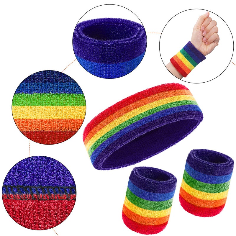 Bememo 12 Pcs Rainbow Terry Cloth Sweatbands Set for Men & Women - 4 Striped Headbands, 8 Wristbands for Sports, Gym, LGBT Pride Parades (Rainbow) - Image 5